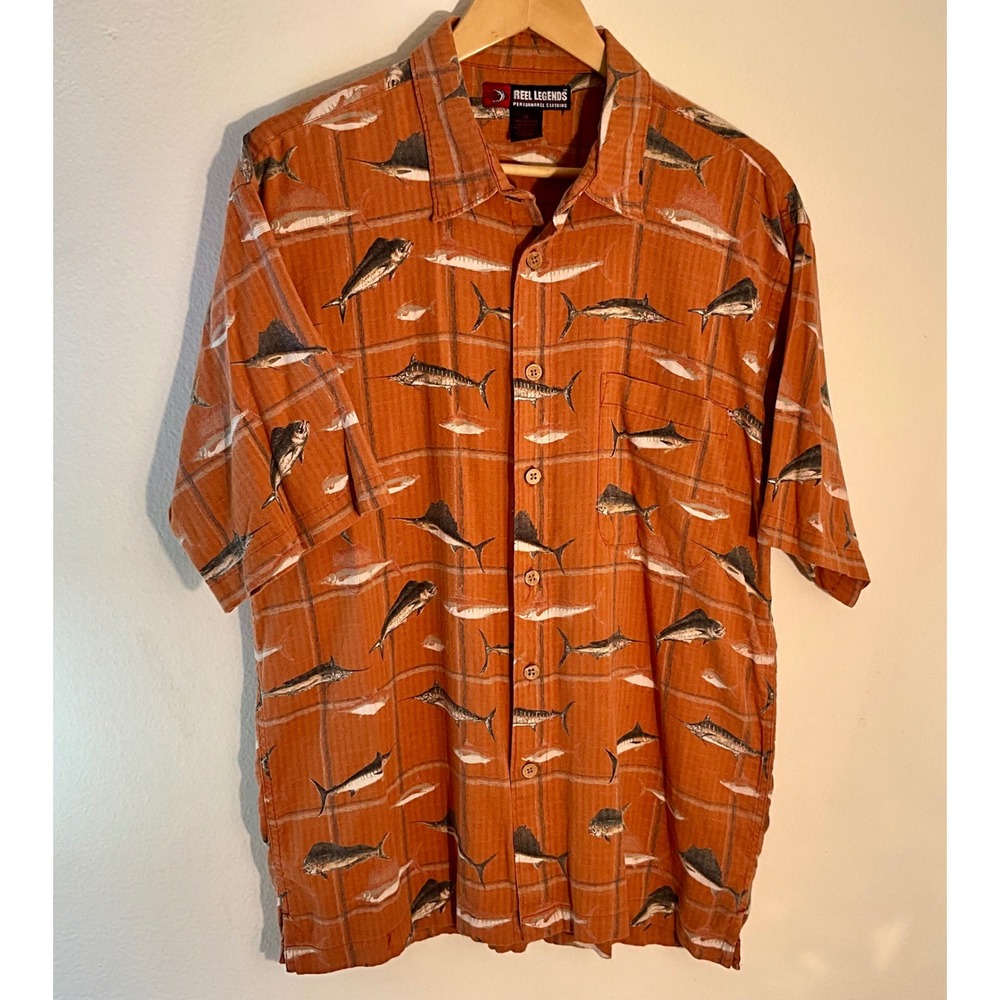 Reel Legends Mens XL Fishing‎ Marlin Sailfish Plaid Button Up Short Sleeve Shirt